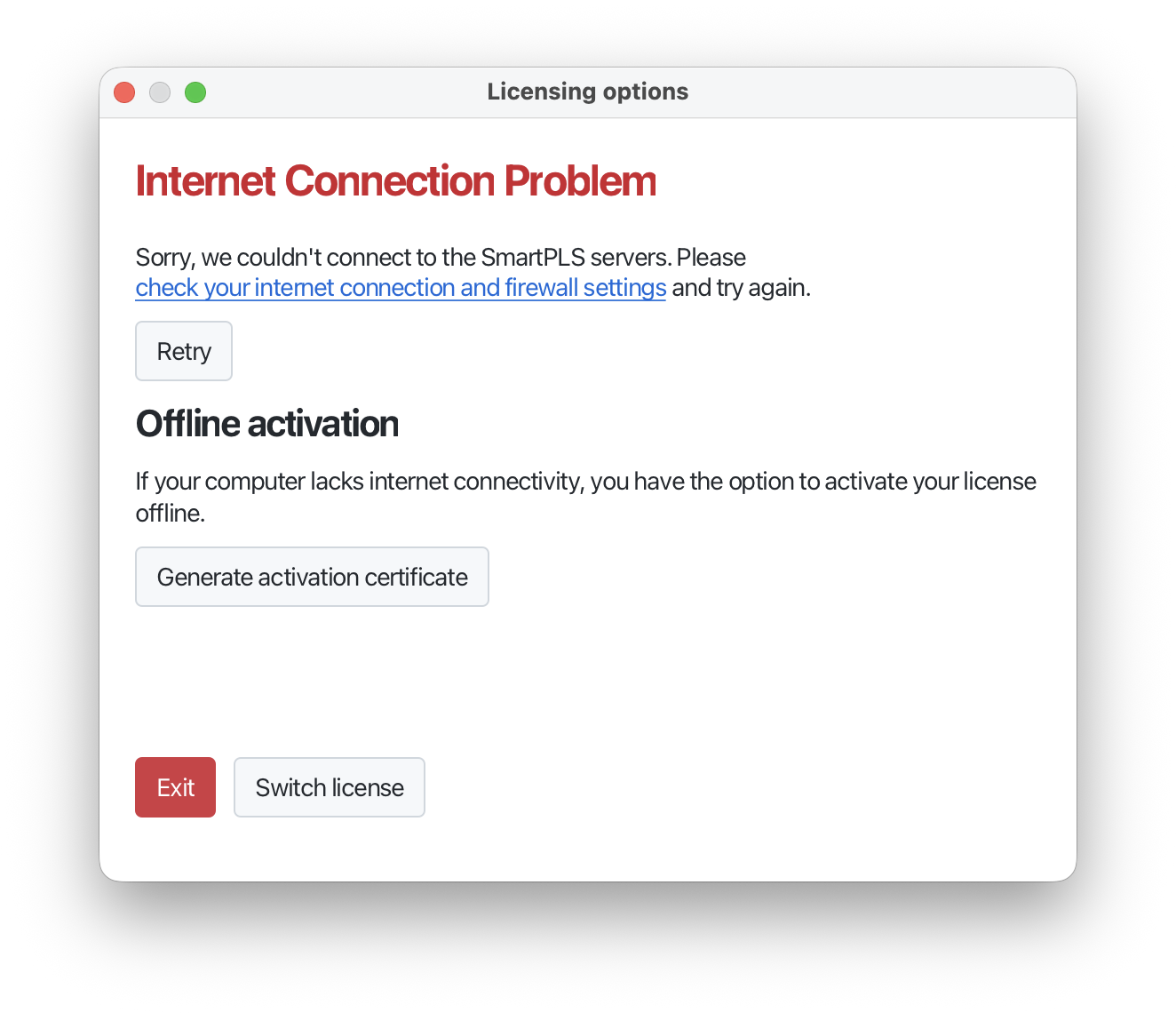 SmartPLS dialog "Internet Connection Problem" with the buttons Retry and Generate activation certificate