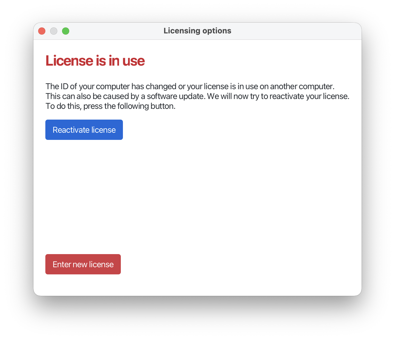SmartPLS dialog "License is in use" with the buttons Reactivate license and Enter new license