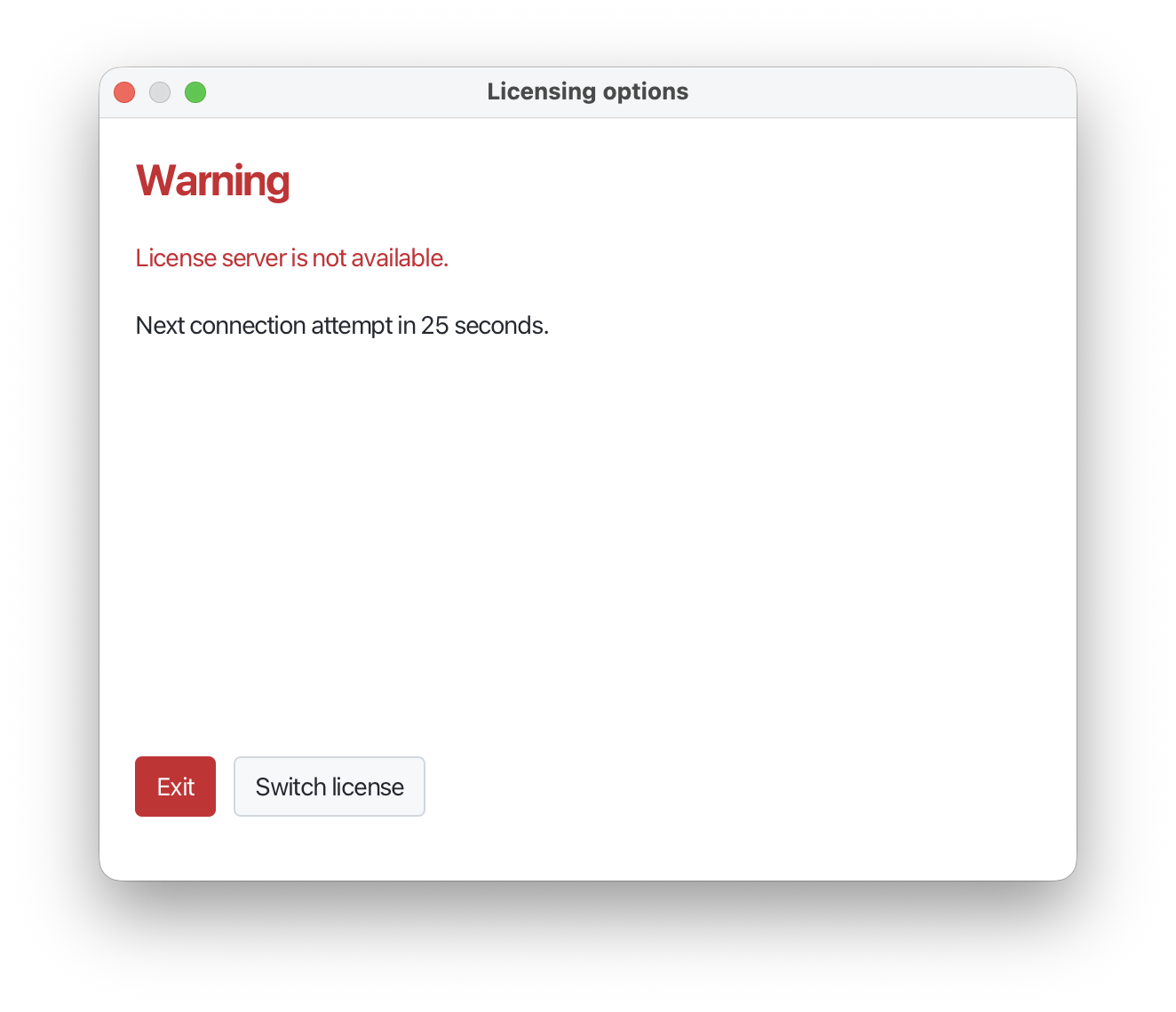 SmartPLS dialog "Warning" with the message "License server is not available.", a countdown to the next connection attempt and the buttons Exit and Switch license